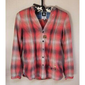 G-Star Raw Denim Womens Split Neck Button Down Plaid Shirt XS Roll-Tab Sleeve